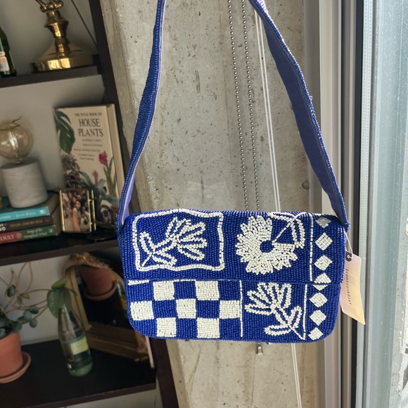 Anthropologie Fiona Blue and White Beaded Floral Shoulder Bag - Picture 2 of 5